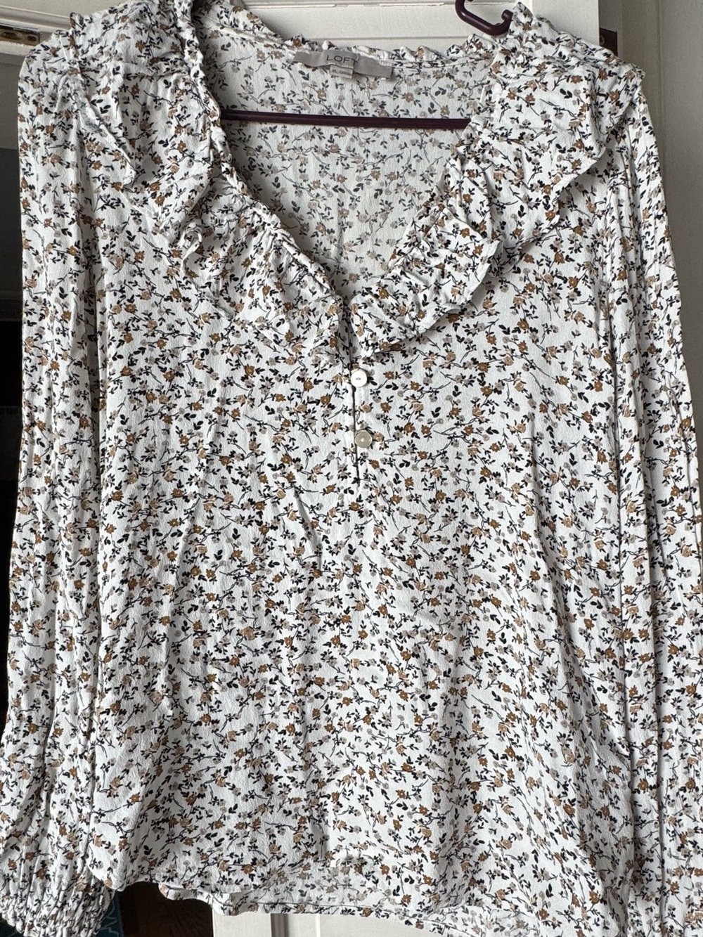 LOFT White Floral Ruffle V-Neck Button Blouse